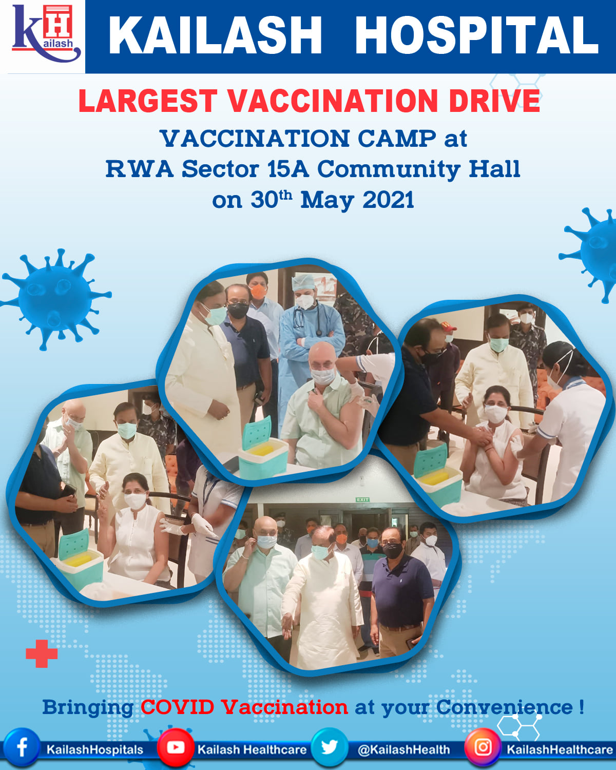 As part of the Largest Vaccination Drive started by Kailash Hospital from 29th May 2021, here is a glimpse of the Vaccination Camp organized at RWA Sector 15A on 30th May