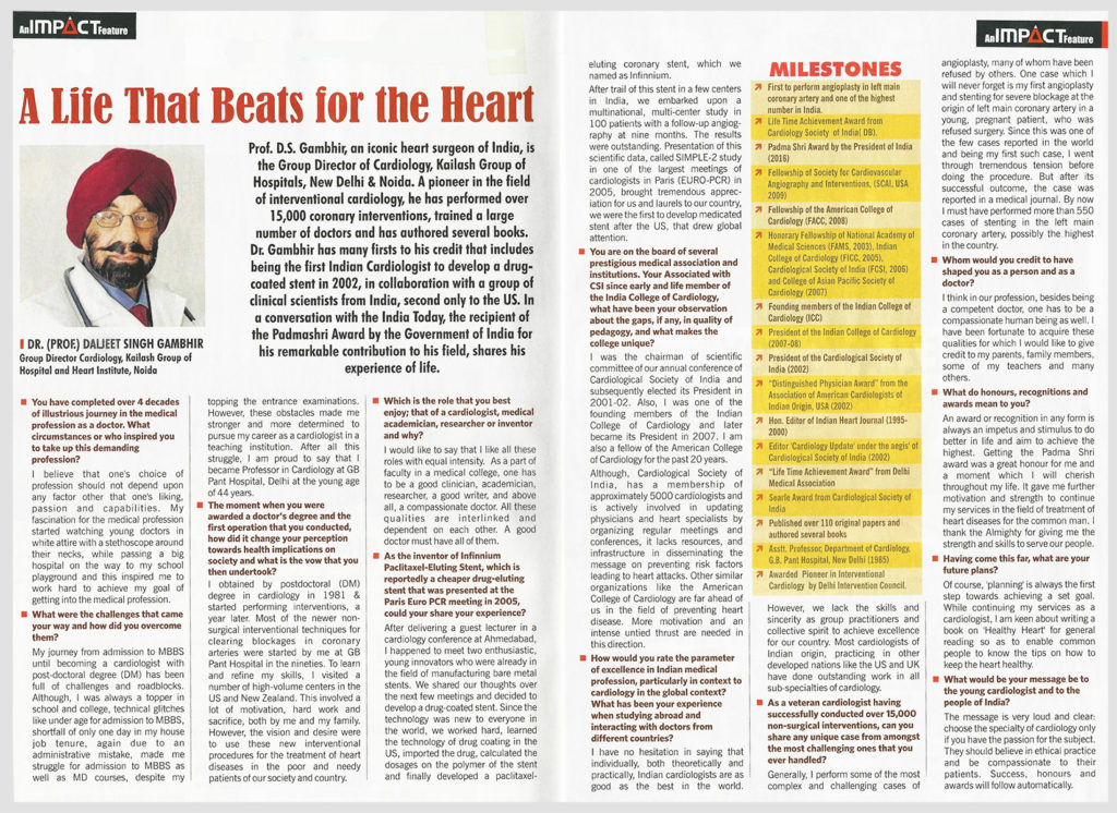 India Today publishes interview with India’s iconic Heart Surgeon Prof. Dr. D.S Gambhir for his remarkable contribution to Cardiology
