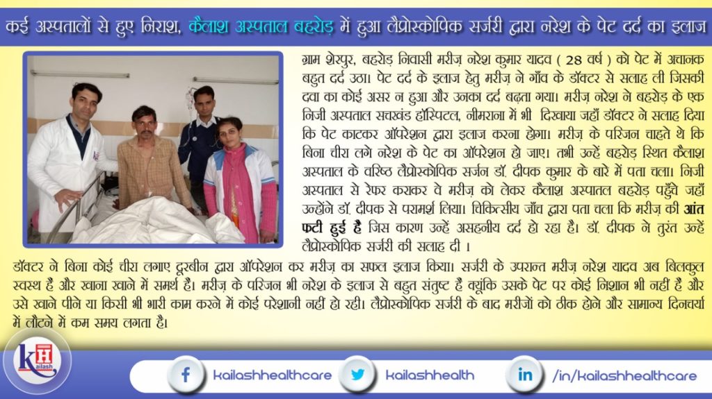 Patient treated successfully through Laparoscopic Surgery at Kailash Hospital Behror