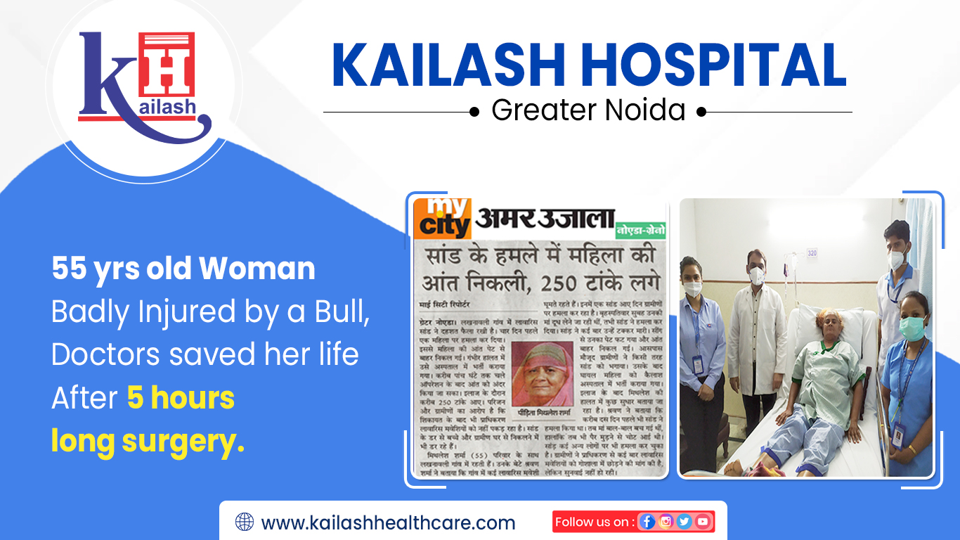 Doctors save life of 55yr old Critical Woman badly hit by Bull | Kailash Hospital Greater Noida