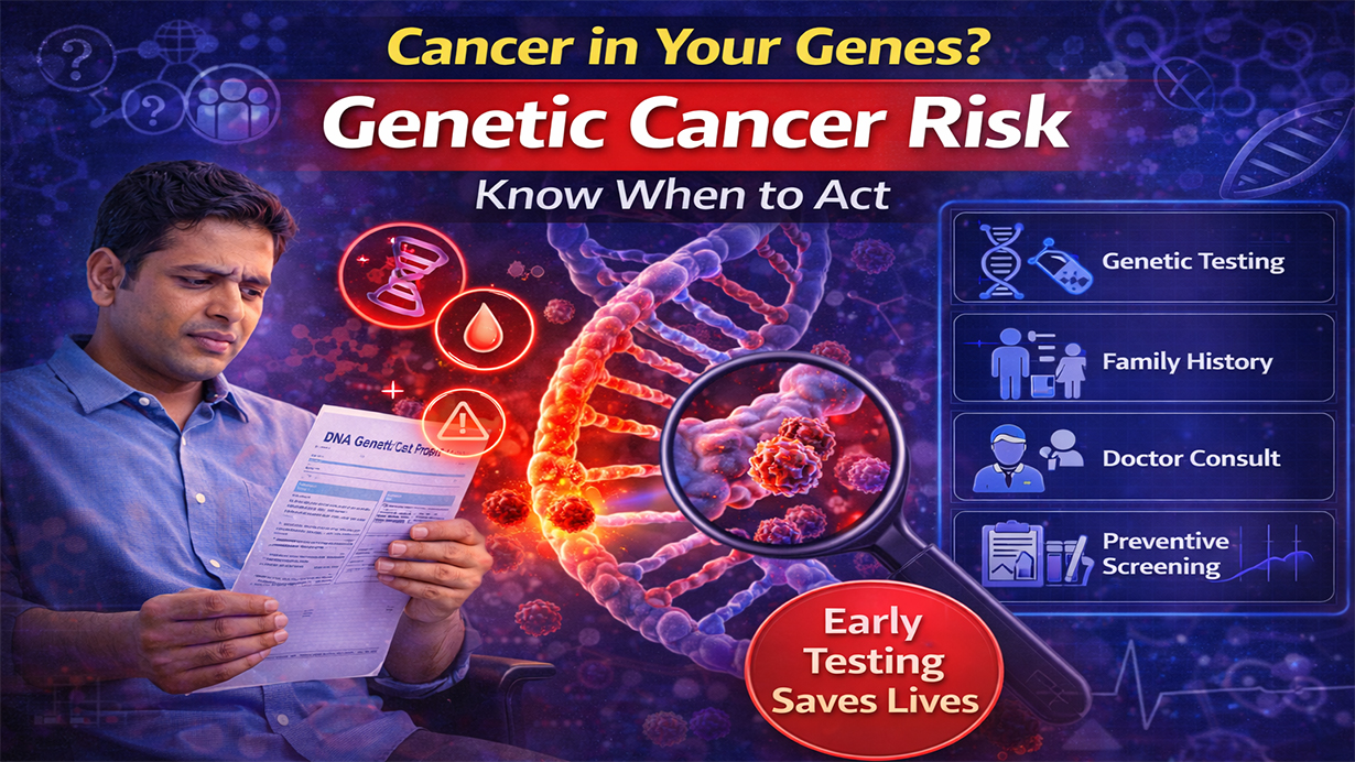 Man looking at a genetic test report with a DNA strand and cancer cells illustration highlighting genetic cancer risk and the importance of early testing.