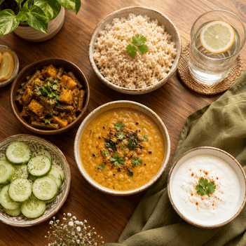 Overhead flat-lay of a balanced Indian vegetarian meal including dal, brown rice, dahi, cucumber salad, and lemon water — ideal for a weight loss diet plan