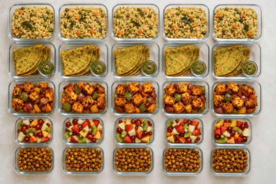 Weekly meal prep containers with Indian vegetarian dishes like moong dal chilla, oats upma, paneer tikka, and roasted chana for a 7-day weight loss diet plan