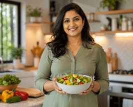 A healthy and confident Indian woman holding a bowl of fresh salad in a modern kitchen, representing sustainable weight loss through a balanced diet
